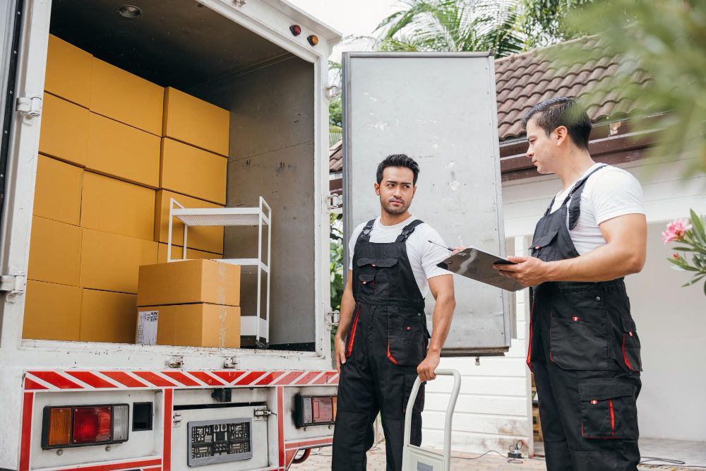 Two delivery workers in black uniforms review paperwork outside a truck filled with stacked cardboard boxes.