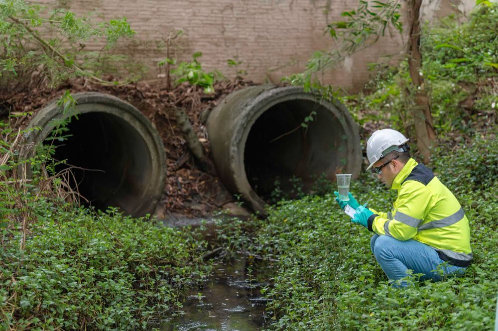A worker in a high-visibility jacket and hard hat crouches to sample water from a drainage pipe.