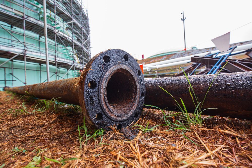 Rusted metal pipe with a flanged end lying on dry grass in an industrial construction site.