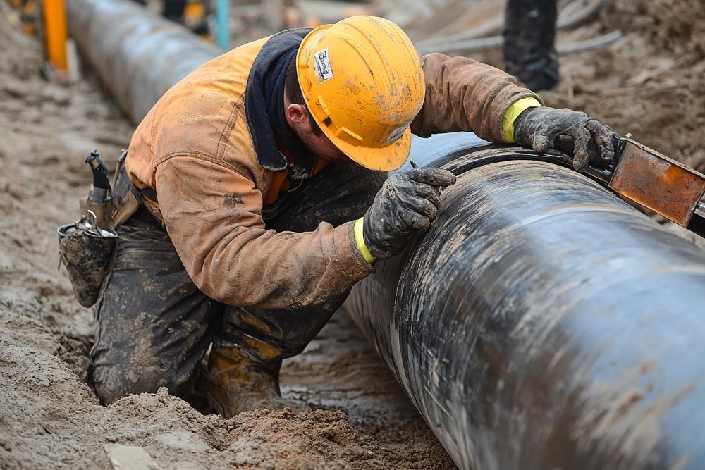 A construction worker in a yellow hard hat and brown jacket kneeling in a muddy trench while inspecting a large pipeline.