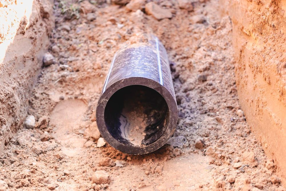 A black plastic pipe lies exposed within a dirt trench.