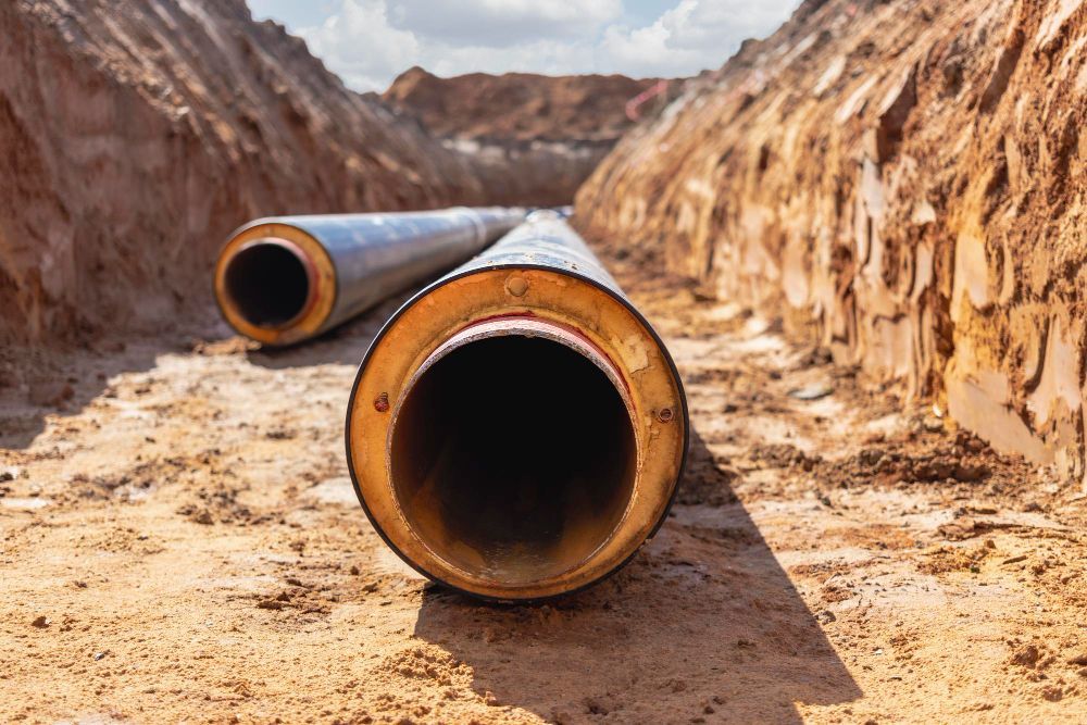 Two insulated pipes lying in a deep, excavated earthen trench under a bright, cloudy sky.