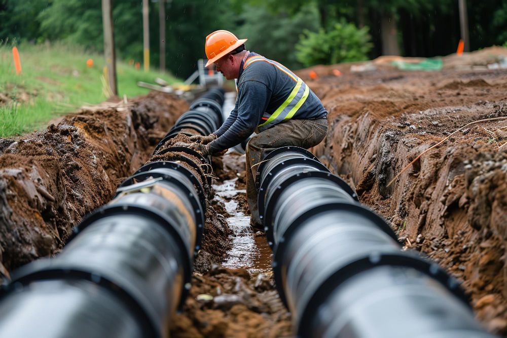 A worker in a hard hat and high-visibility vest inspects a large pipeline installed in a muddy, excavated trench.
