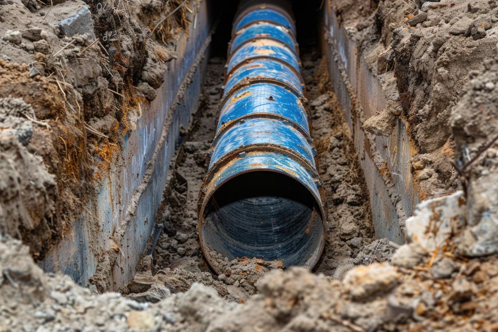 A long, blue pipeline section sits inside a narrow, freshly excavated dirt trench.