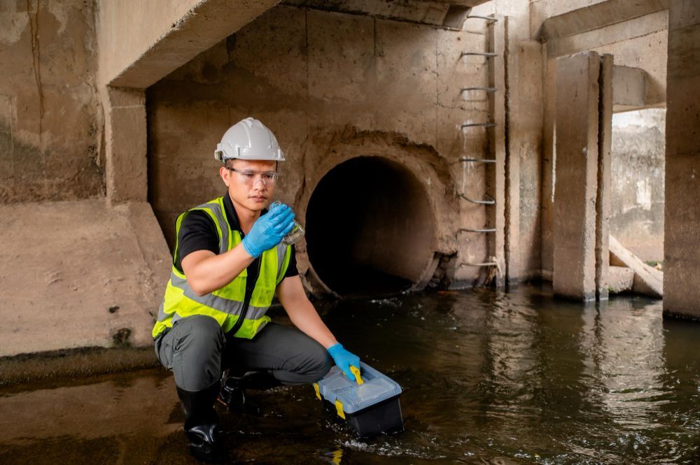 A technician in a safety vest and hard hat crouches in a tunnel, holding a water sample vial for environmental testing.