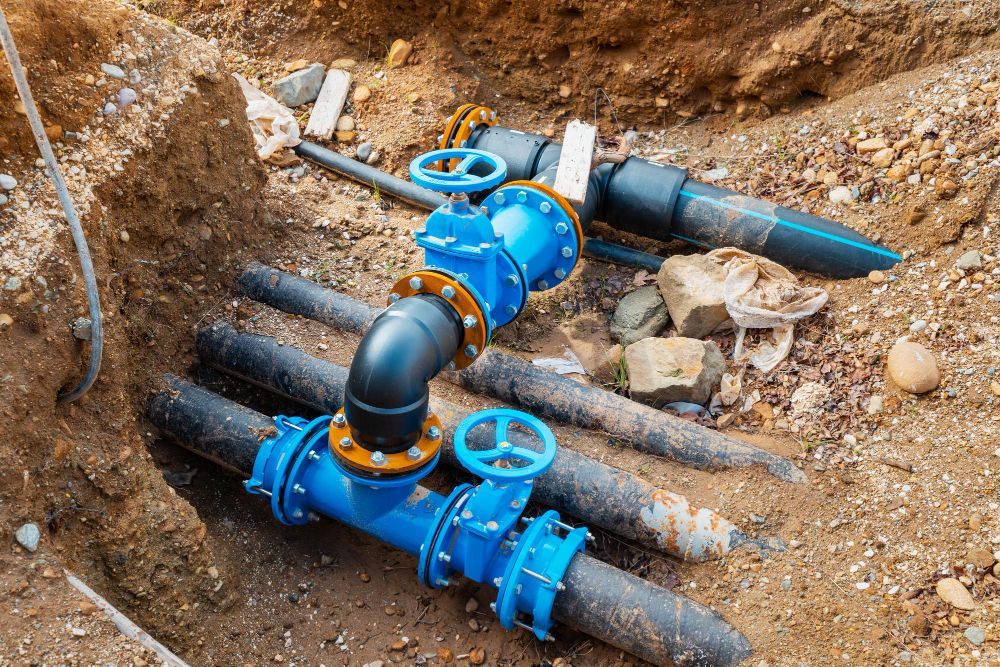 A blue valve and pipe assembly connected to black pipes in an excavated dirt trench.