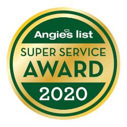Angie 's list super service award 2020 is a green and gold badge.
