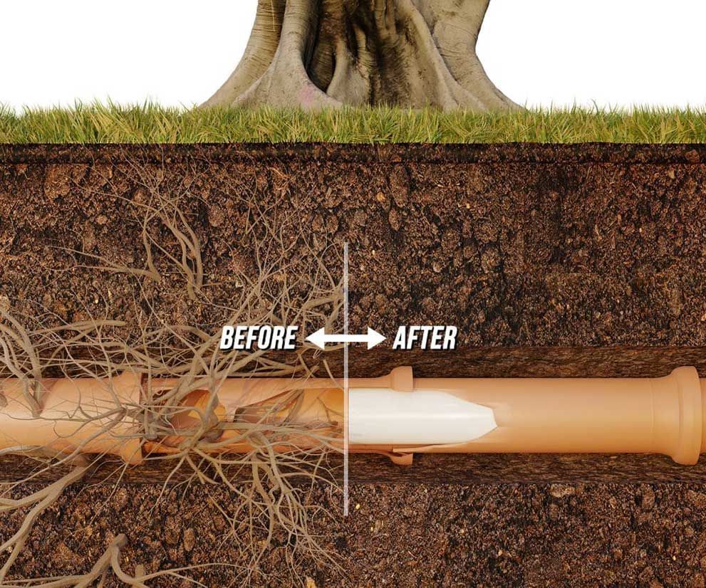 A before and after picture of a tree roots coming out of a pipe.