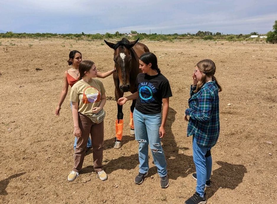 Young child and instructor enjoying equine-assisted learning and horse powered reading program