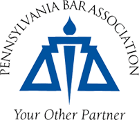 Pennsylvania Bar Association logo: blue scales, flame, text 