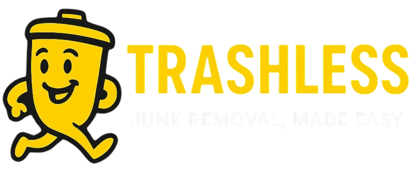The logo for trashless junk removal made easy has a yellow trash can with a face on it.