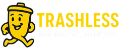 The logo for trashless junk removal made easy has a yellow trash can with a face on it.