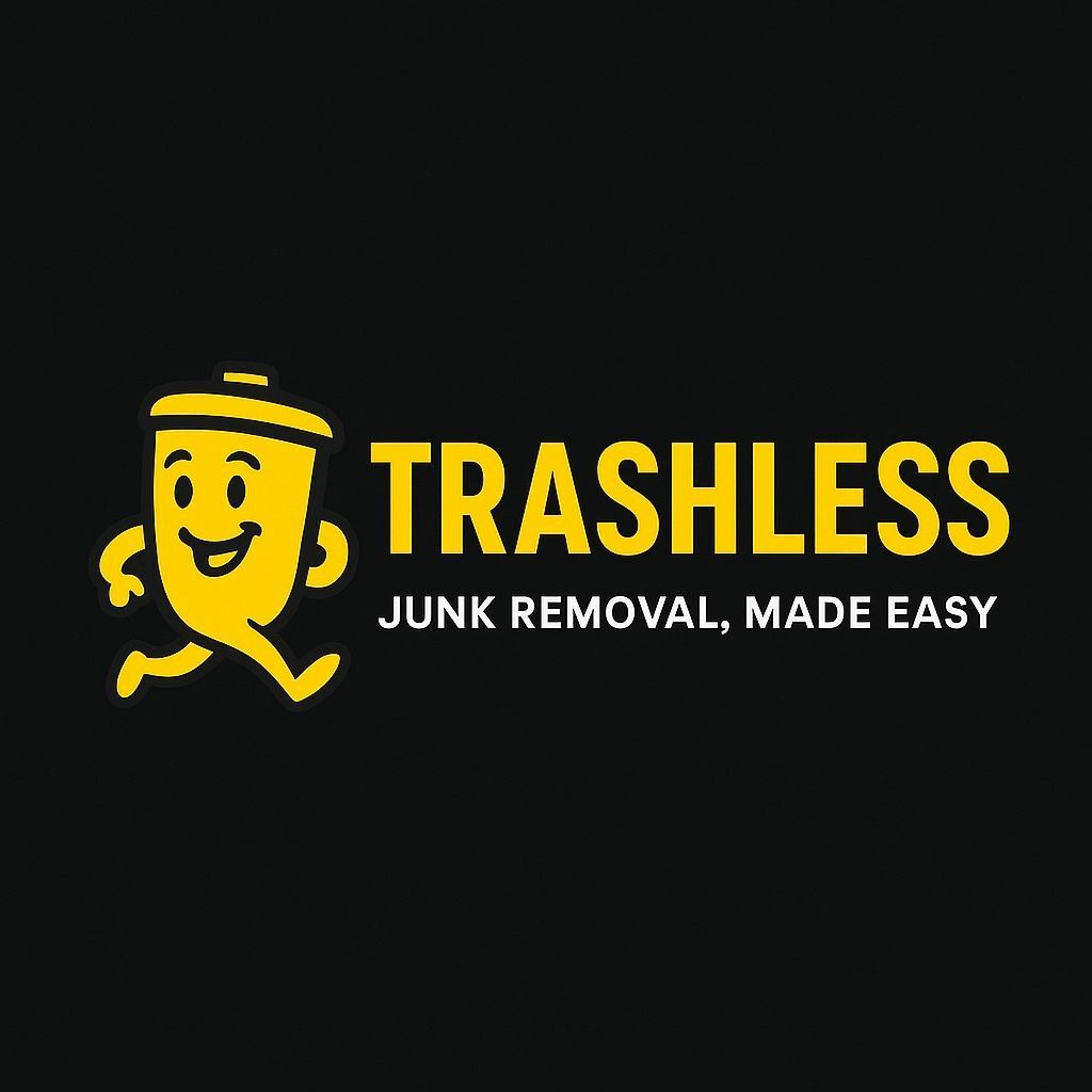A logo for trashless junk removal made easy with a yellow trash can on a black background.