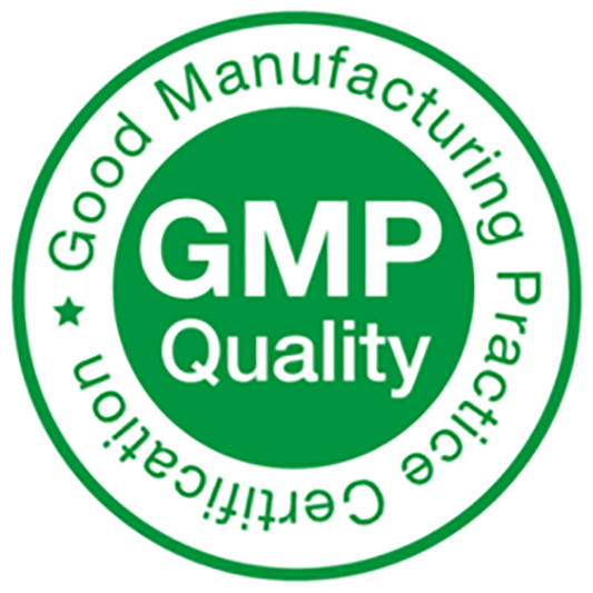 A green gmp quality certification stamp on a white background