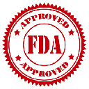 A red stamp with the words `` fda approved '' written inside of it.