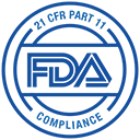 A blue and white fda compliance logo in a circle.