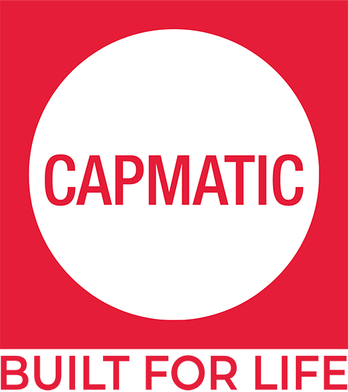 A red and white logo for capmatic built for life