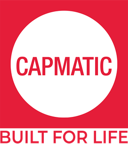 A red and white logo for capmatic built for life