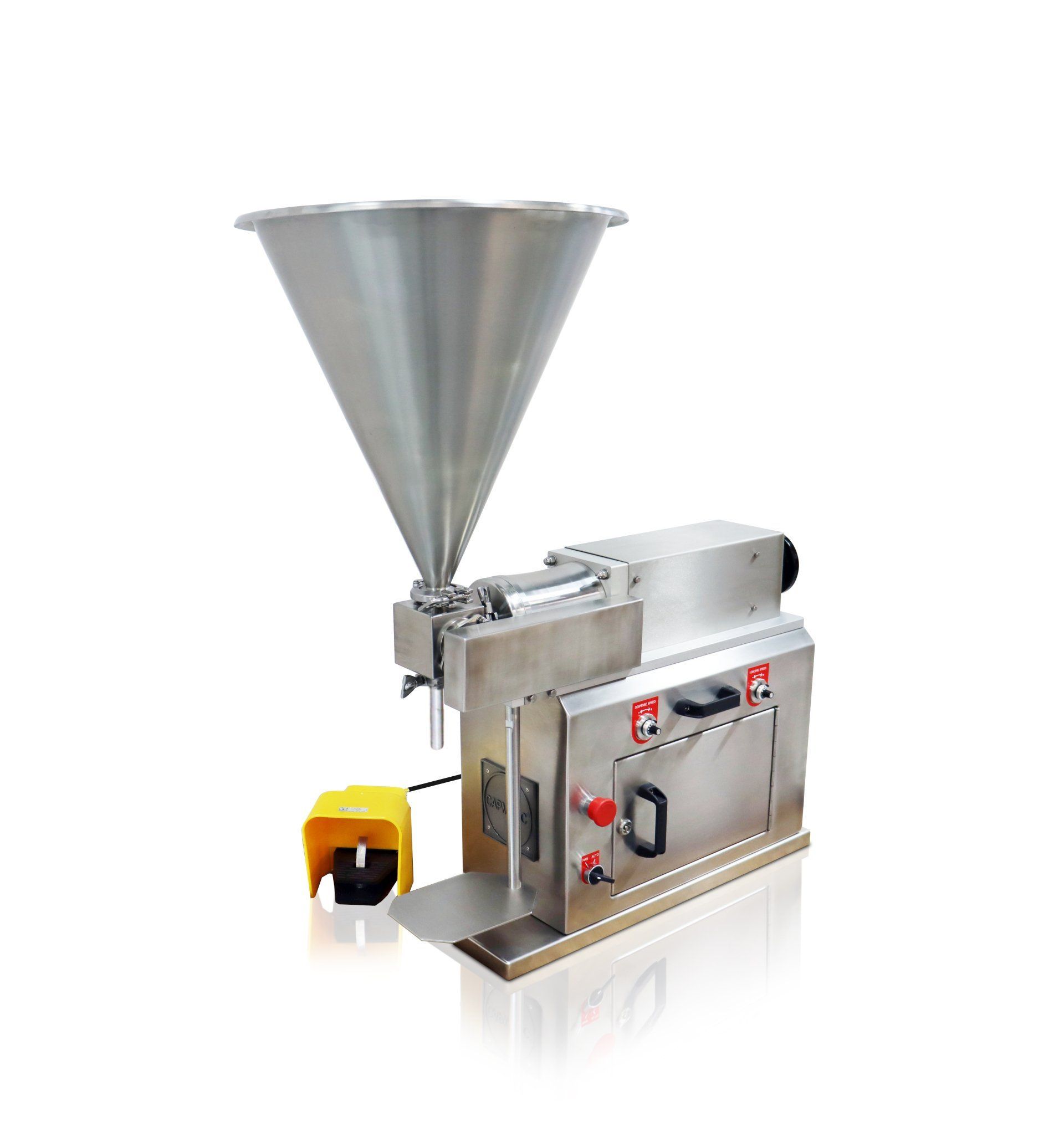 A stainless steel filling machine with a yellow foot pedal on a white background.