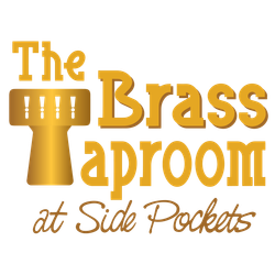 A logo for the brass taproom at side pockets
