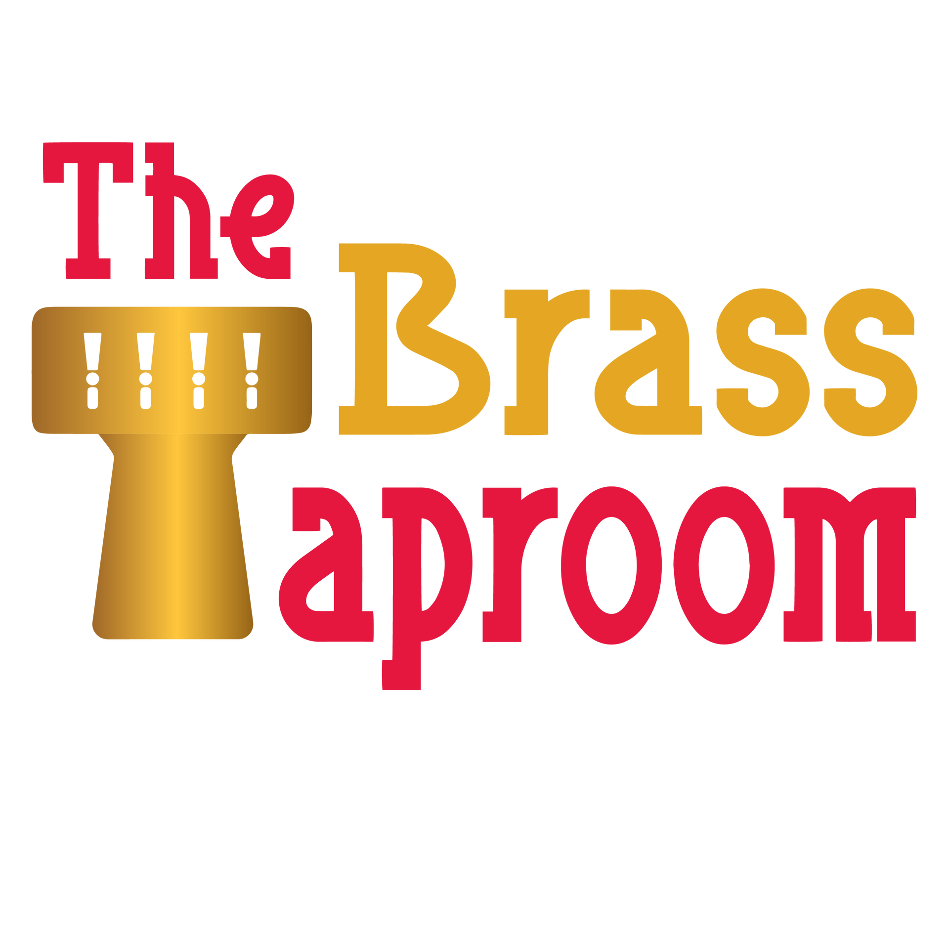 A logo for the brass taproom with a brass tap