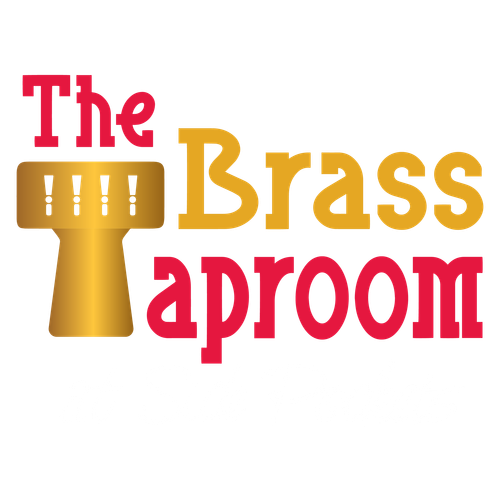 A logo for the brass taproom with a brass tap