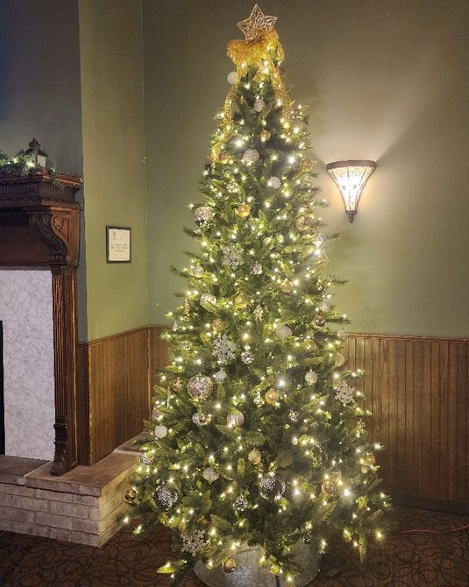 A christmas tree is sitting in a living room next to a fireplace.
