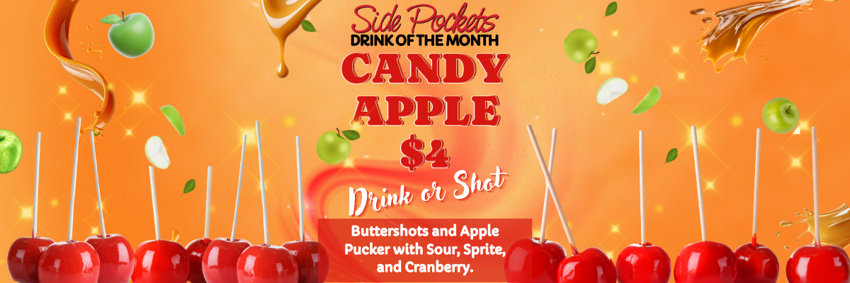 Banner for the Drink of the Month. Candy Apple for $4