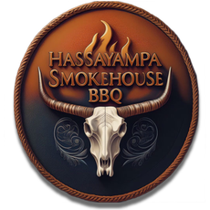 Hassayampa Smokehouse BBQ logo with a longhorn skull, rope border, and flames on a brown circular badge