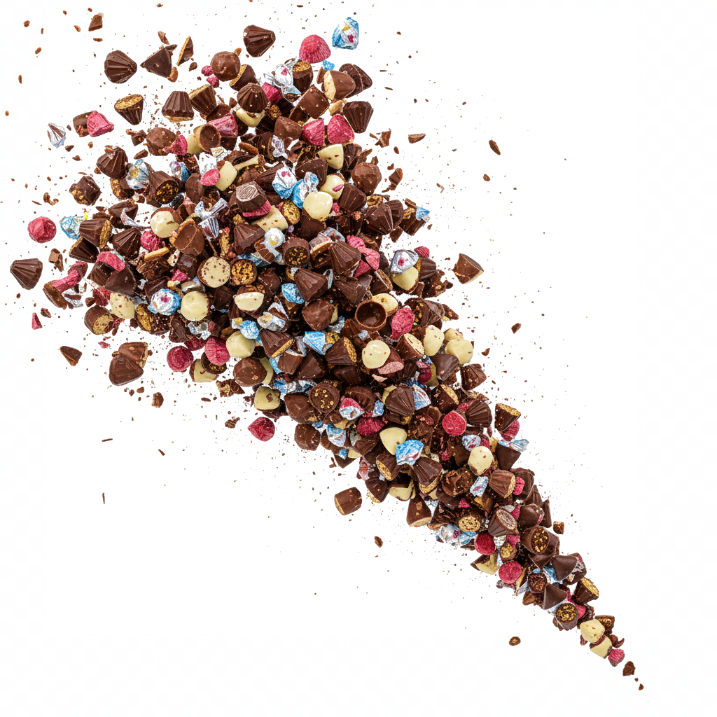 Pezzi di cioccolato fondente e colorato che esplodono su uno sfondo bianco.