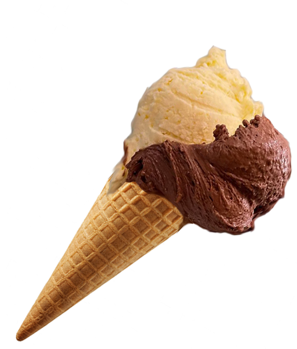 Cono gelato soft decorato con vortici bianchi e viola, guarnito con frutti di bosco.