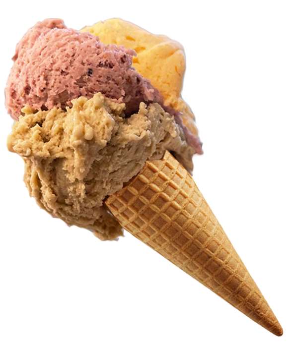 Cono gelato con tre palline: rosa, marrone chiaro e giallo.