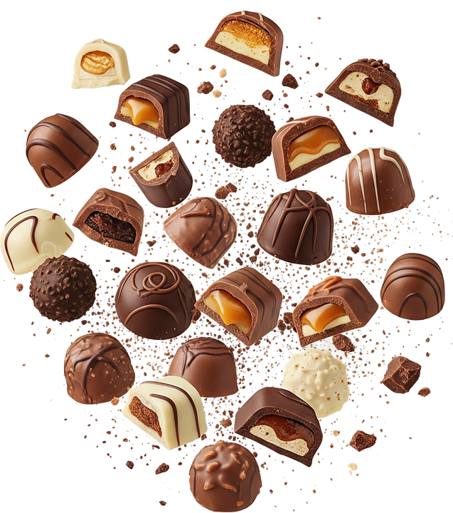 Assortimento di cioccolatini al latte, fondenti e bianchi con vari ripieni e fantasie.