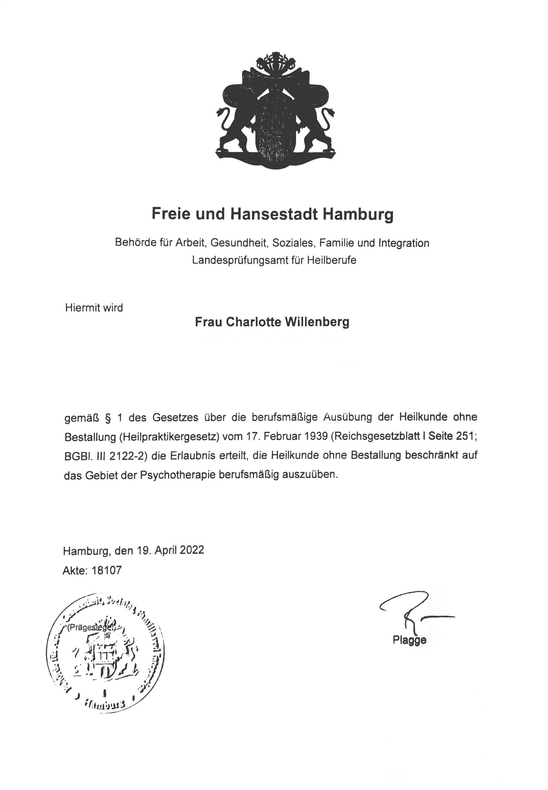Zertifikat Heilpraktikerin für Psychotherapie Charlotte Willenberg Zertifikat Heilpraktikerin für Psychotherapie Charlotte Willenberg