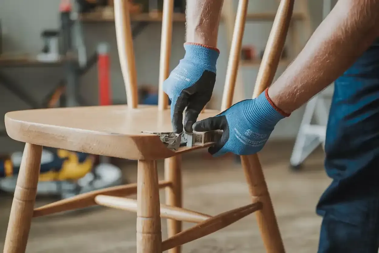 Person in blue gloves repairing wooden chair.