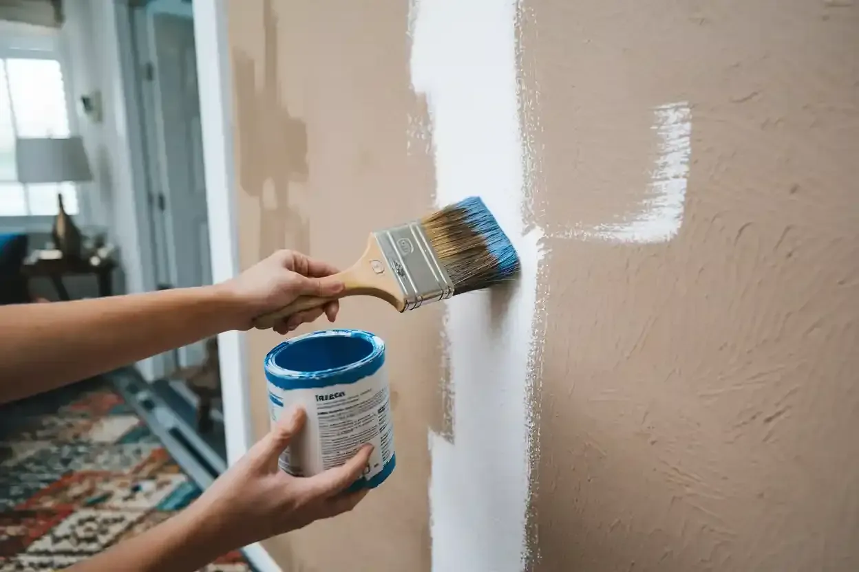 Person paints white paint on a tan wall with a blue paintbrush.