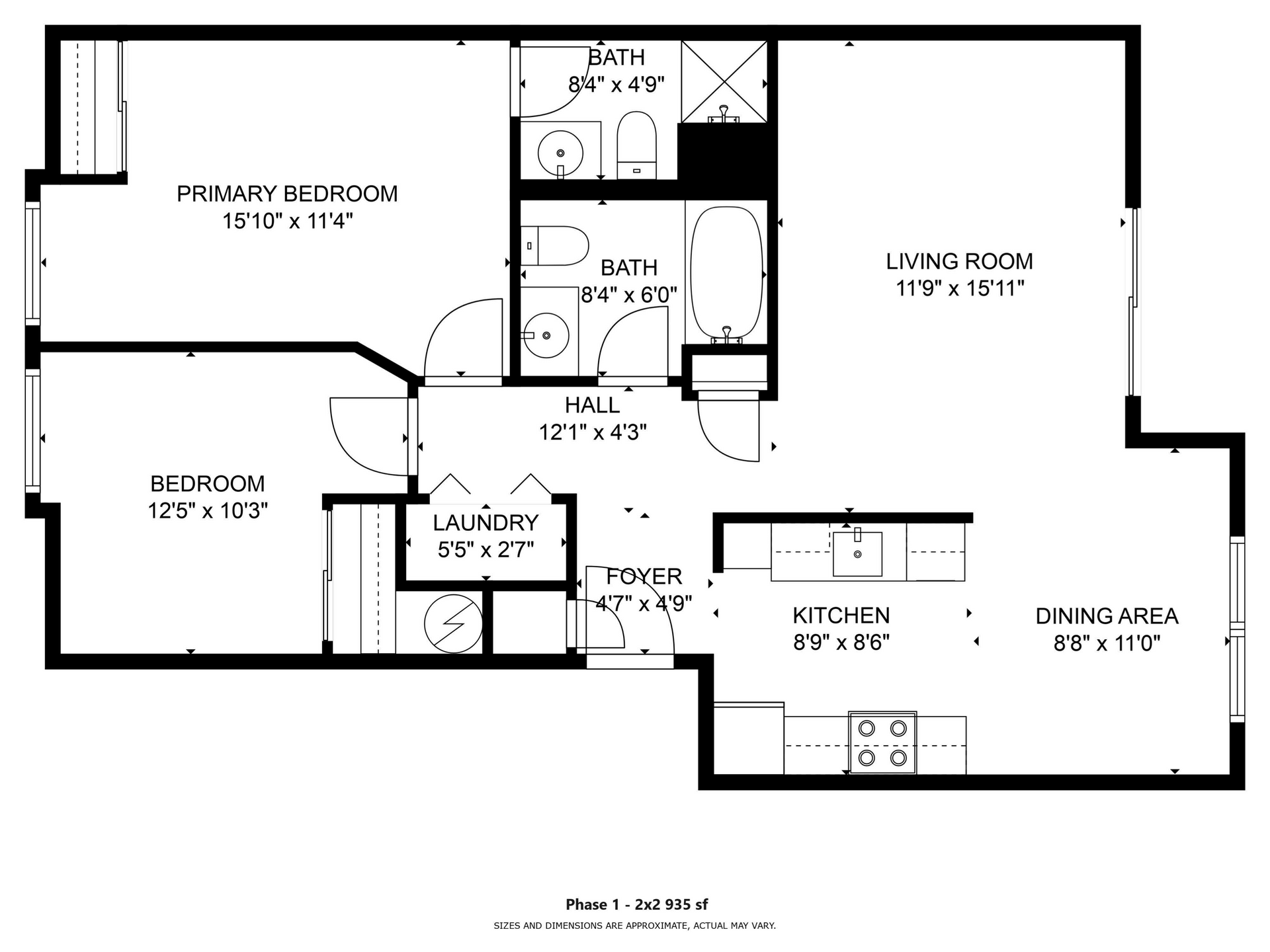 Floor plan showing layout of a house with labeled rooms: bedrooms, living room, kitchen, and bathrooms.