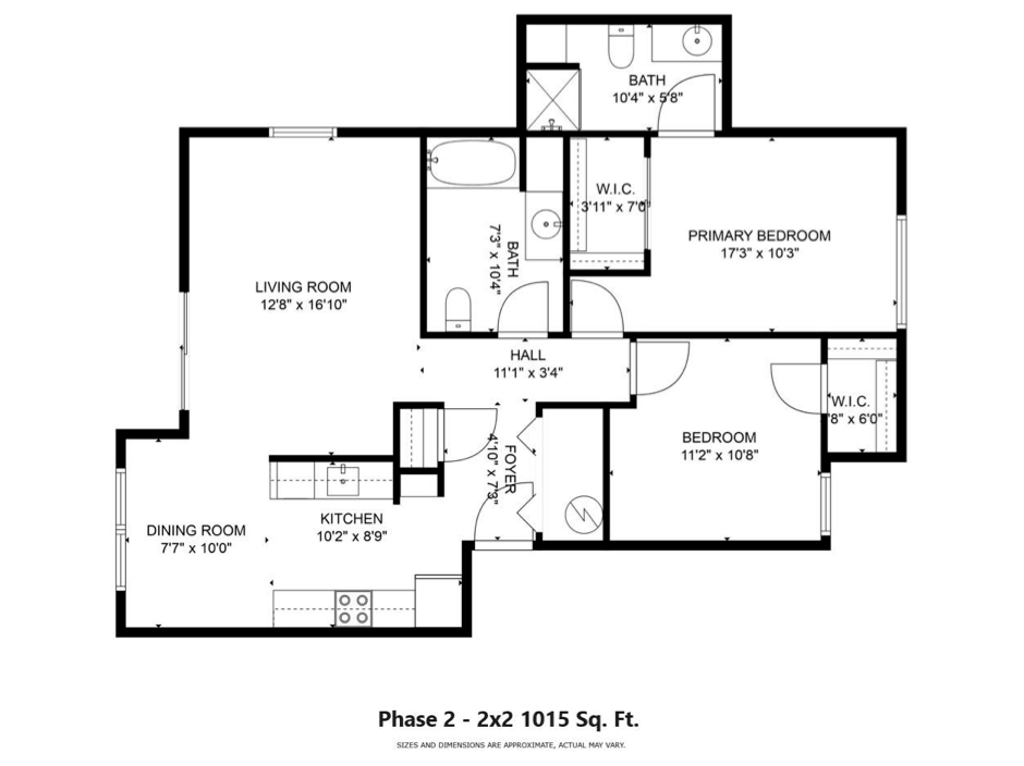 Floor plan of a 1015 sq. ft. two-bedroom apartment, labeled with room dimensions.