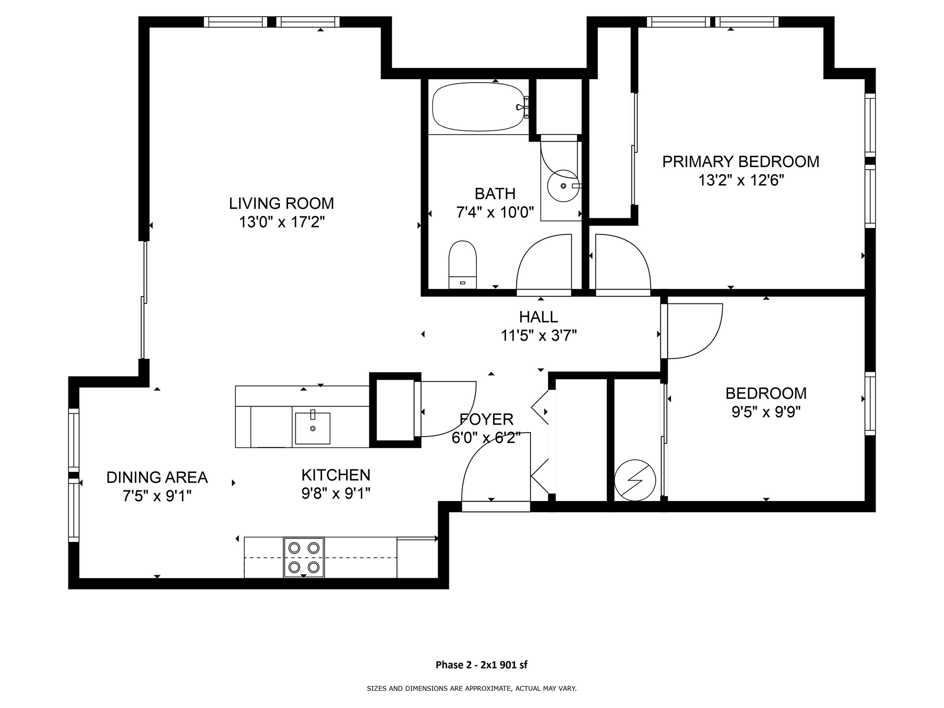 Floor plan of a two-bedroom apartment, labeling rooms: living room, dining area, kitchen, bedrooms, bath, and hall.