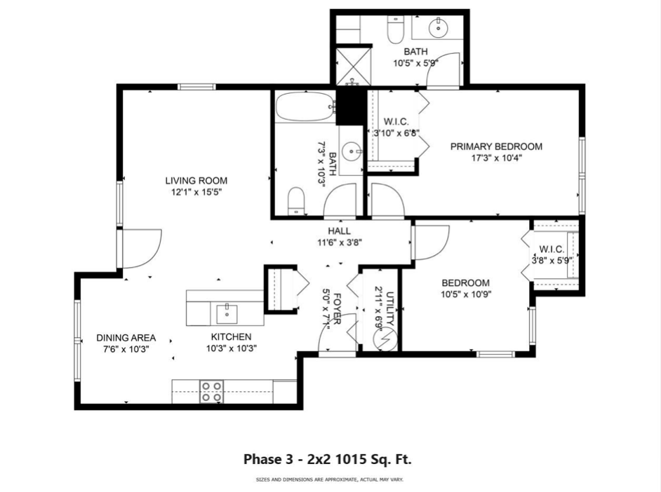Floor plan of a 2-bedroom, 2-bath apartment. Rooms include a living room, kitchen, and dining area.