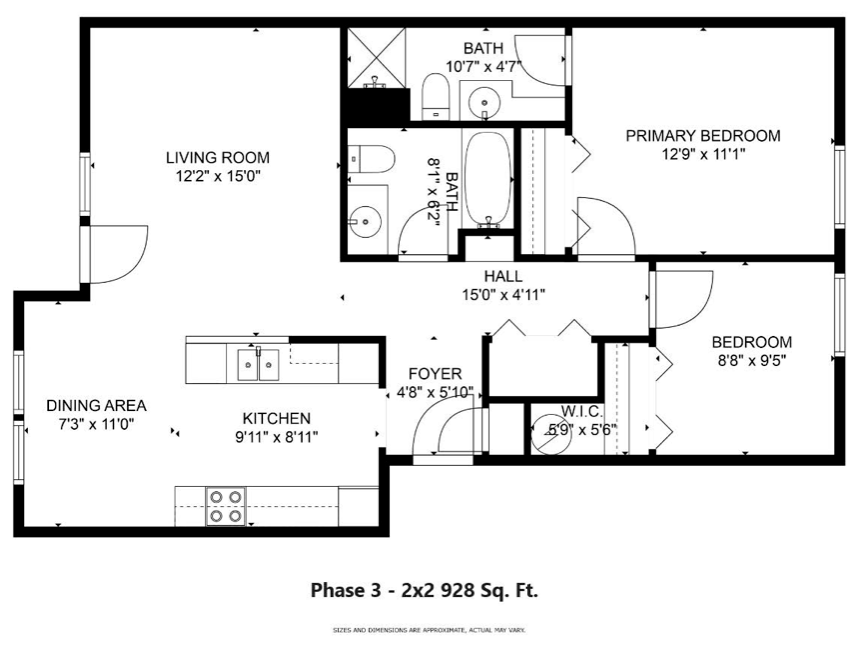 Floor plan of a two-bedroom apartment, labeled with room dimensions and names like 
