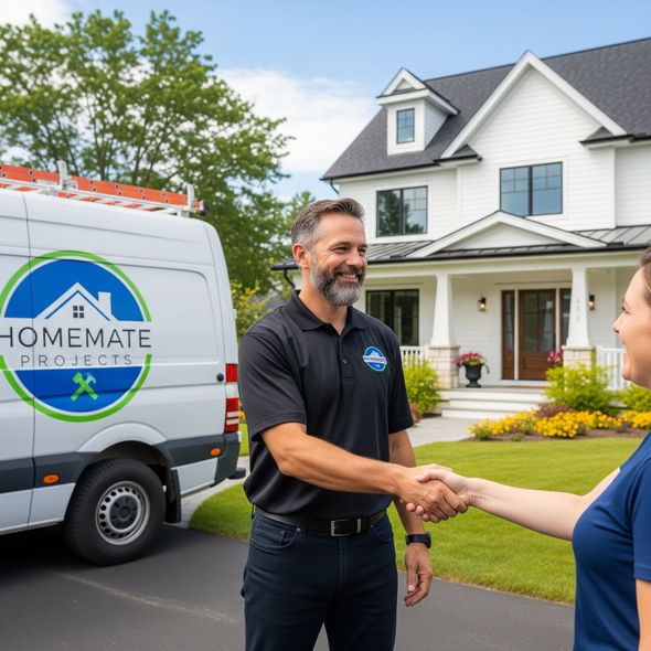 Man shaking hands with a woman in front of a white house and van with 