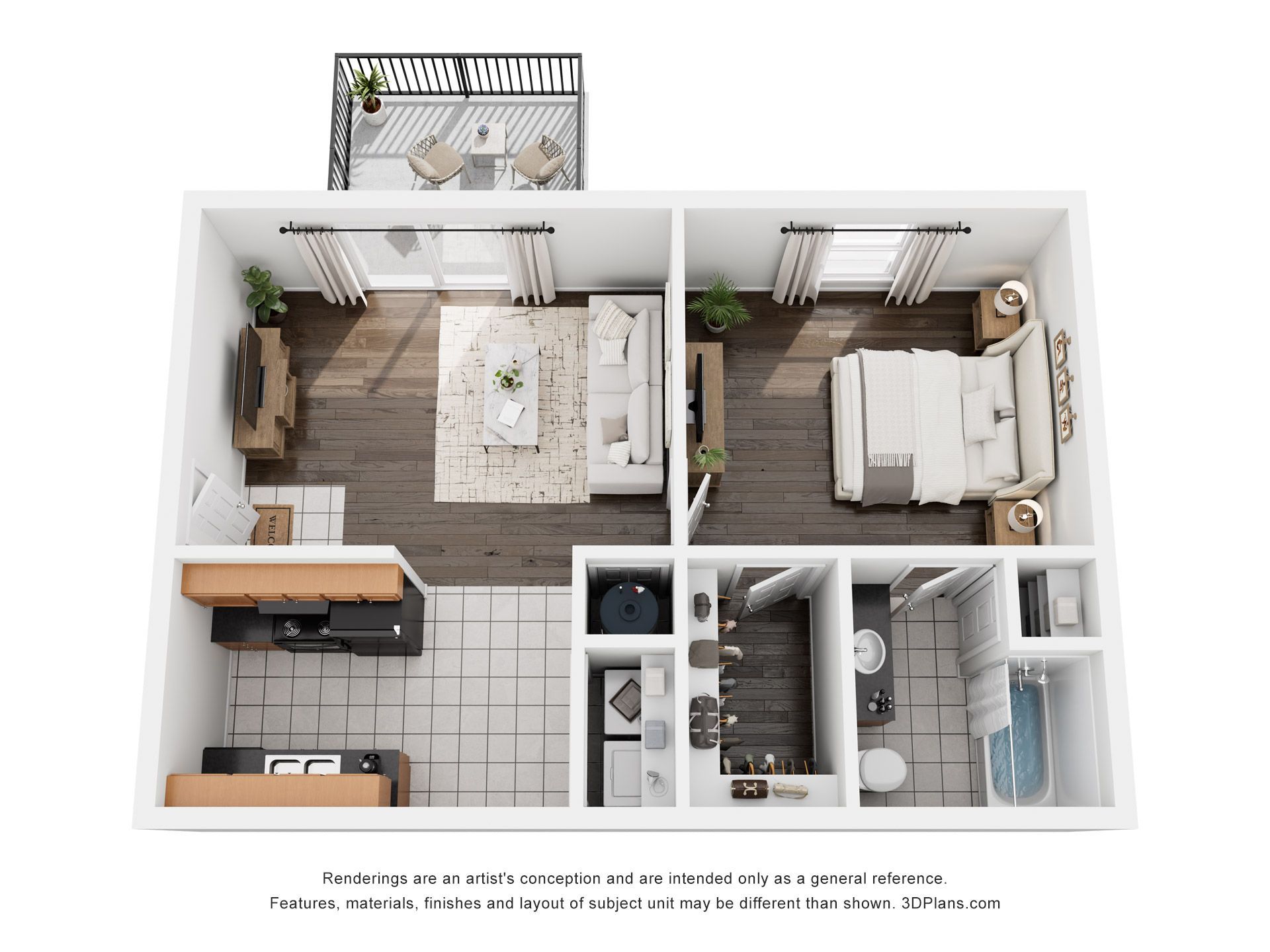 Floor plan: One-bedroom apartment layout, showing bedroom, living room, kitchen, bathroom, and balcony.