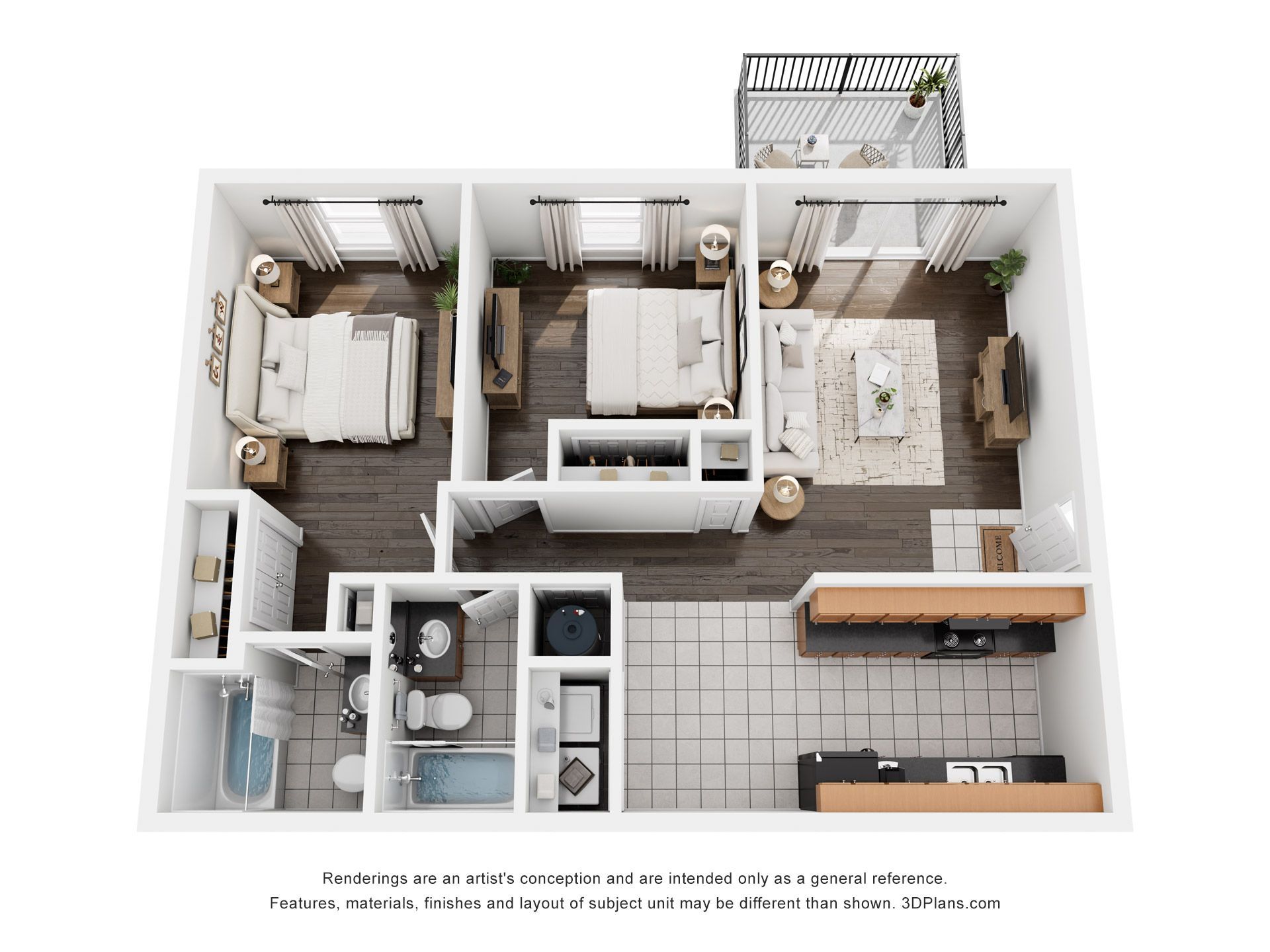 Floor plan: Two-bedroom apartment with living area, kitchen, and patio, featuring furniture layout.