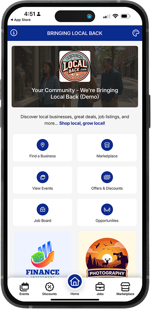 Mobile app interface with icons for finance, photography, and other services.