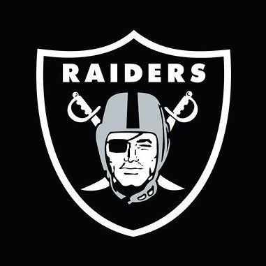 Las Vegas Raiders logo: a pirate-like face wearing a helmet, crossed swords, on a white and black shield.