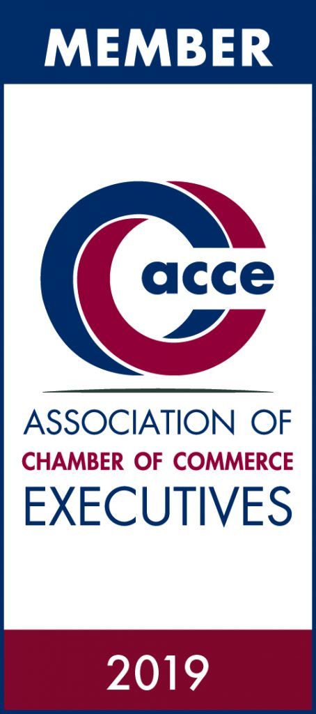 ACCE Member badge, blue and maroon logo, 