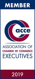 ACCE Member badge, blue and maroon logo, 
