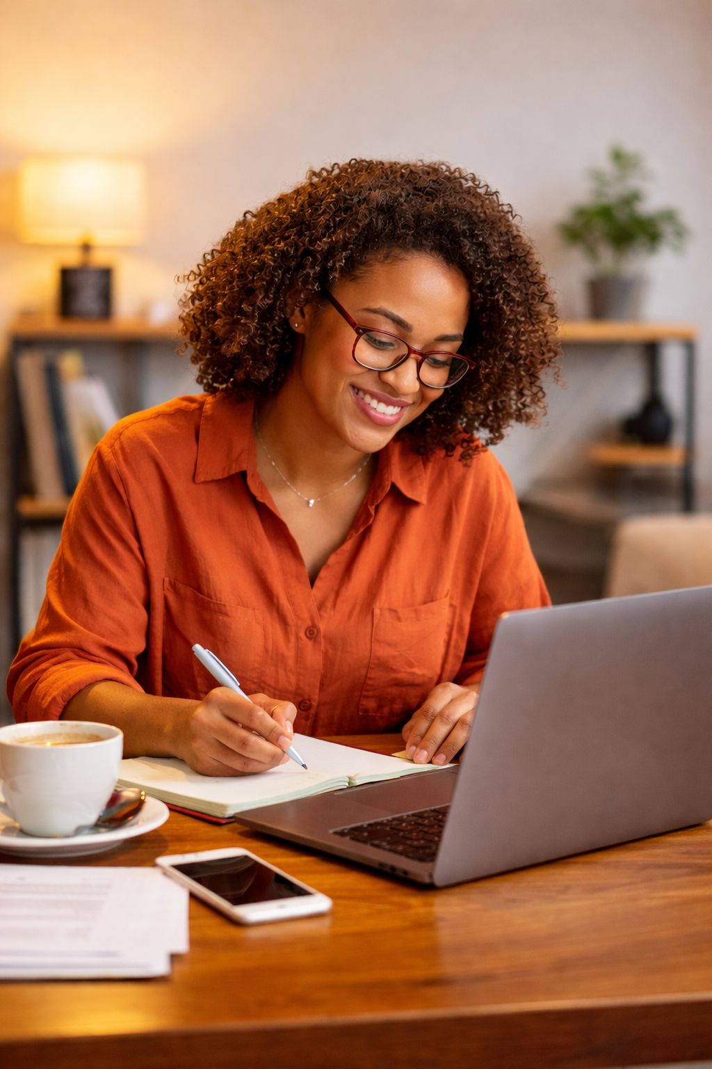 Woman writing in notebook, smiling, using laptop at desk with coffee.