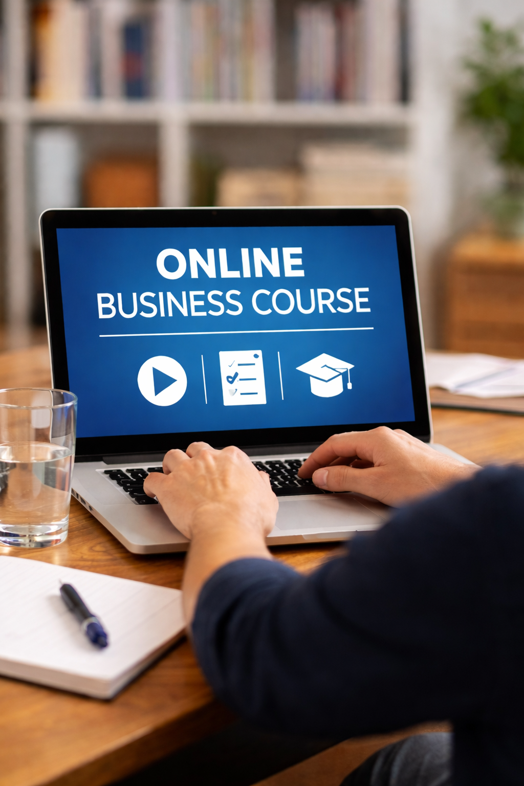 Person using laptop for an online business course. Screen shows text and icons, desk with notebook, pen, and glass of water.